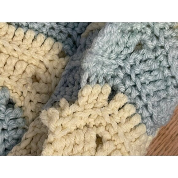 Vintage Afghan Blanket Crochet Blue Yellow/Cream Small Throw Baby Handmade Retro - Picture 8 of 9